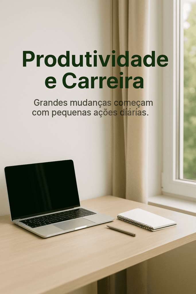 Mesa de trabalho minimalista com notebook, bloco de anotações e luz natural para inspirar produtividade e carreira