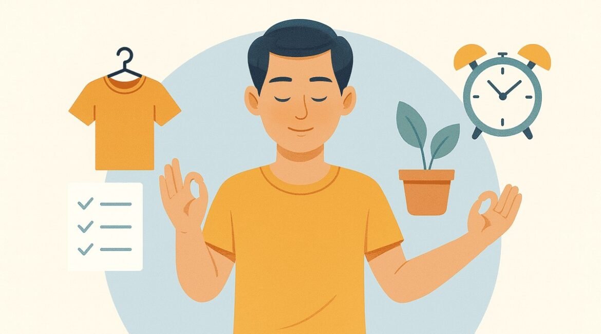 Pessoa em ambiente minimalista meditando ao lado de planta, relógio e checklist, representando uma rotina simples e leve.