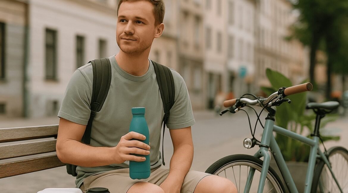 Jovem viajante sentado em banco com garrafa reutilizável e bicicleta, representando práticas de viagens sustentáveis e conscientes.