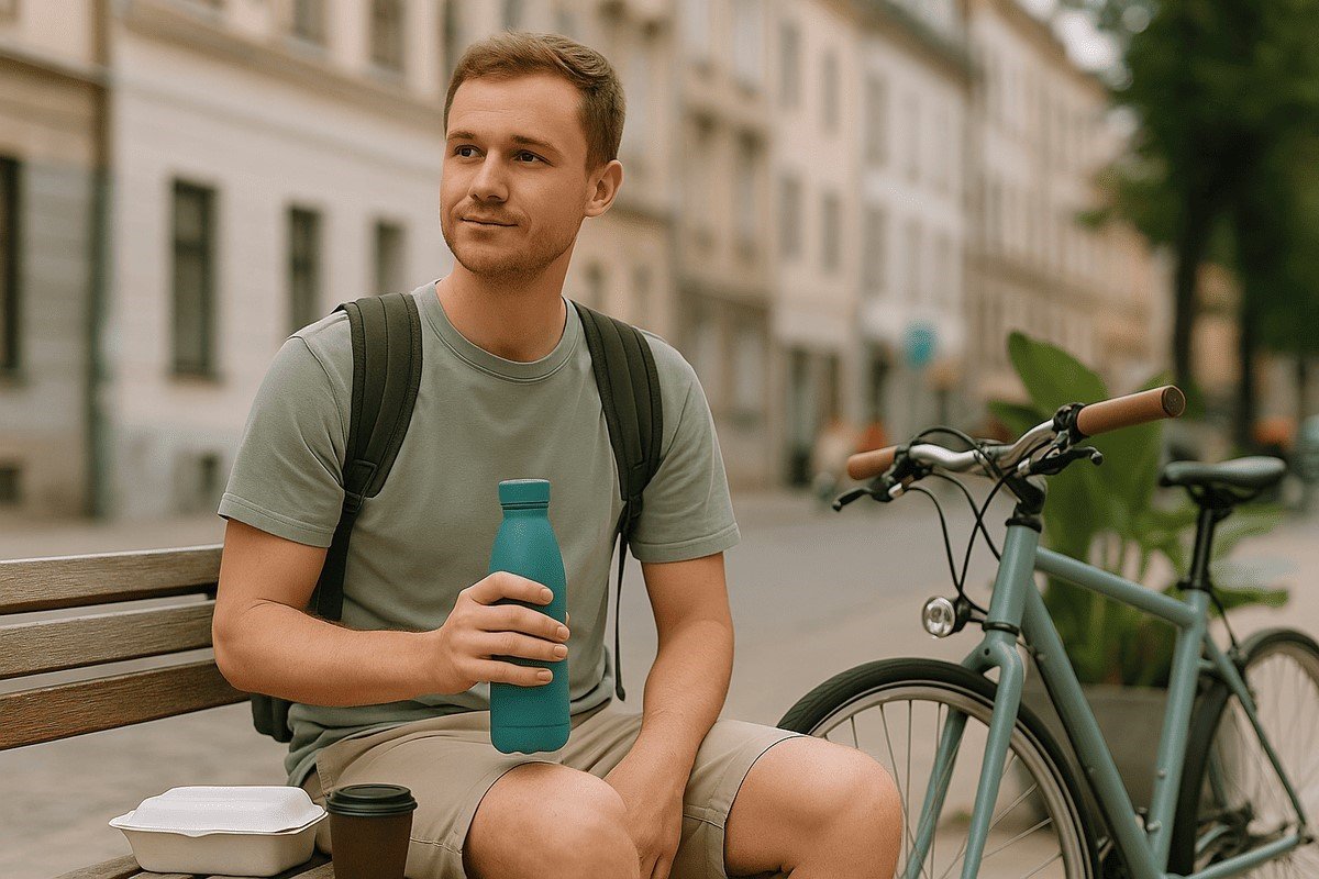 Jovem viajante sentado em banco com garrafa reutilizável e bicicleta, representando práticas de viagens sustentáveis e conscientes.