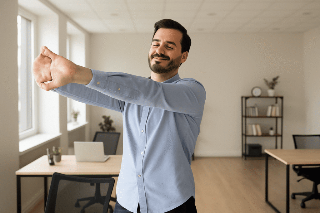 Funcionário se levantando para alongar braços no escritório.