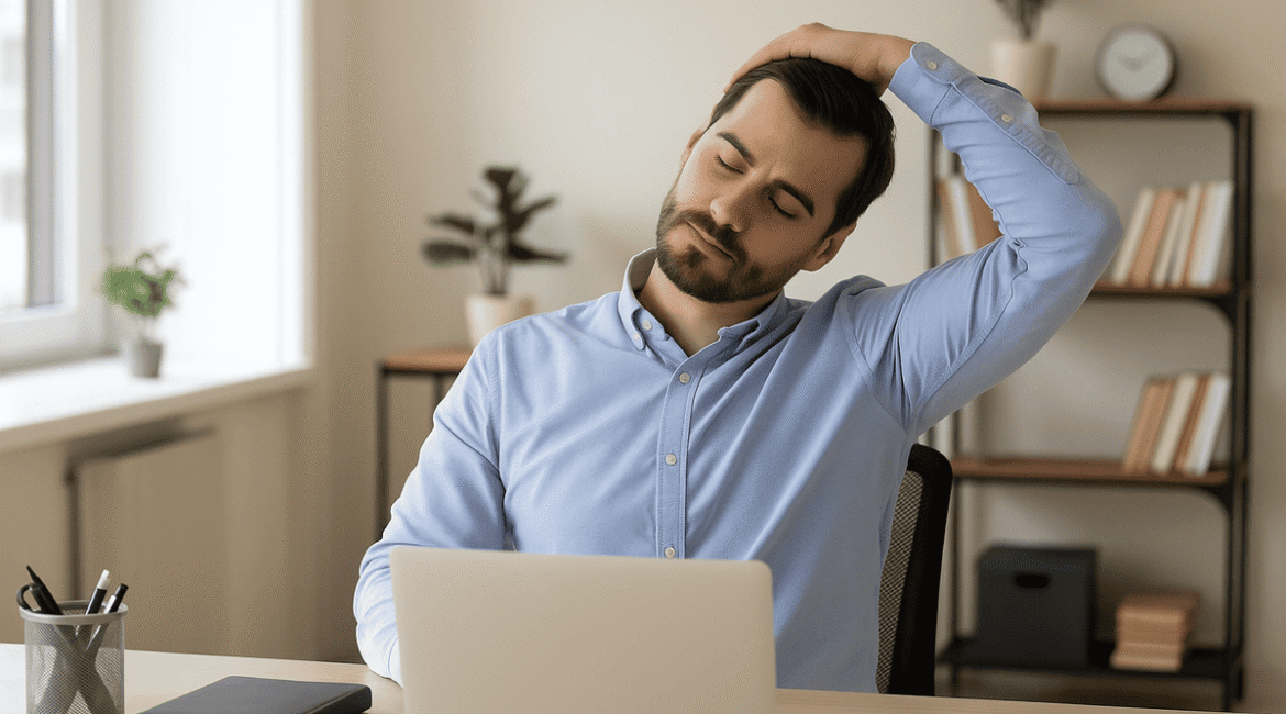 Funcionário fazendo alongamento de pescoço no escritório