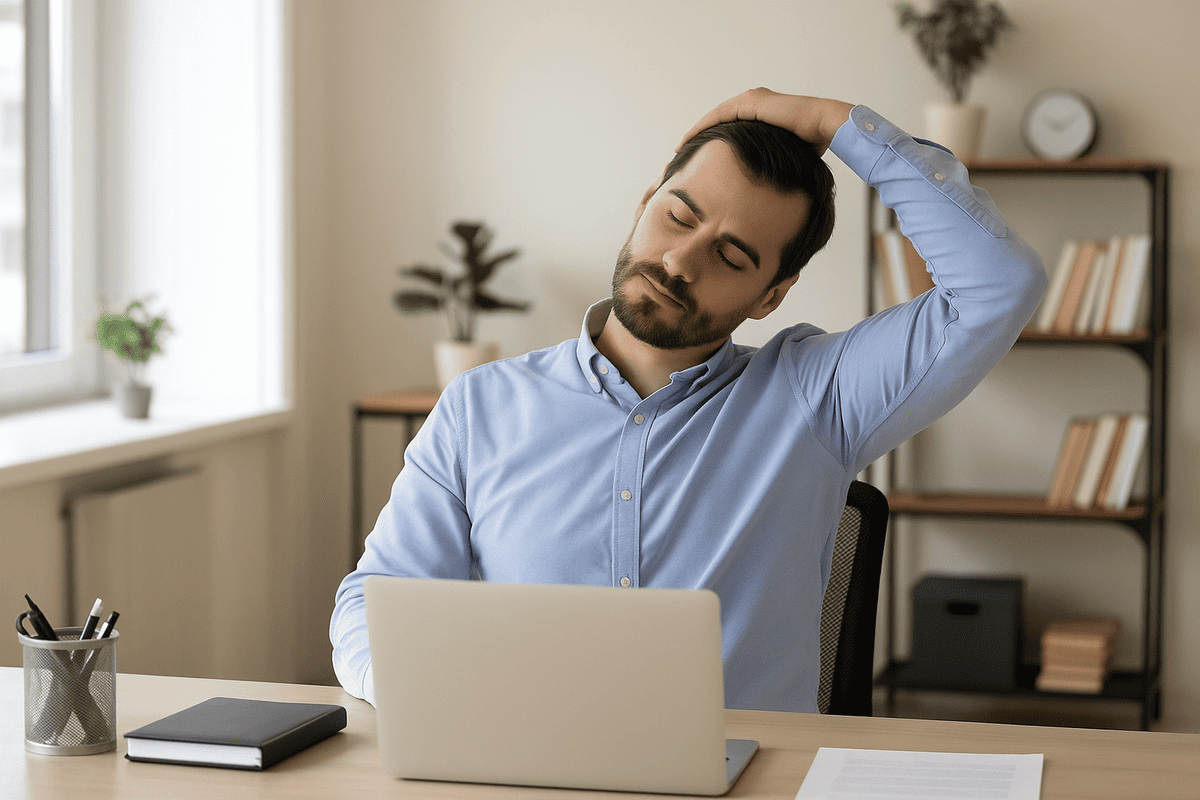 Funcionário fazendo alongamento de pescoço no escritório