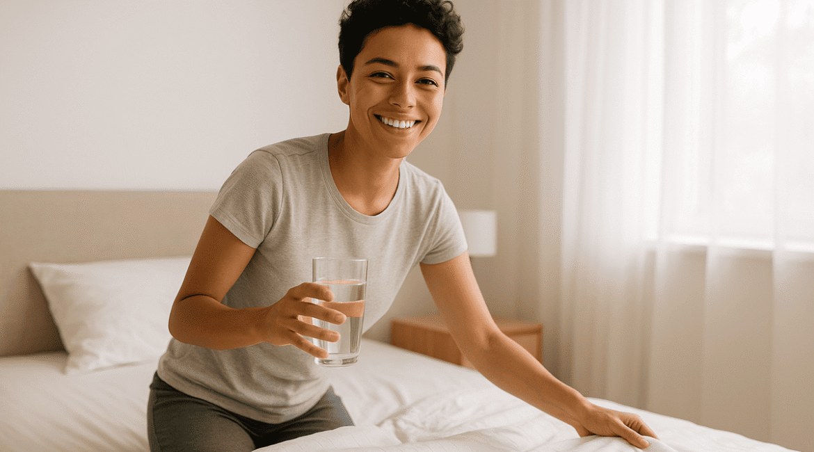 Pessoa organizando a cama e bebendo água pela manhã.