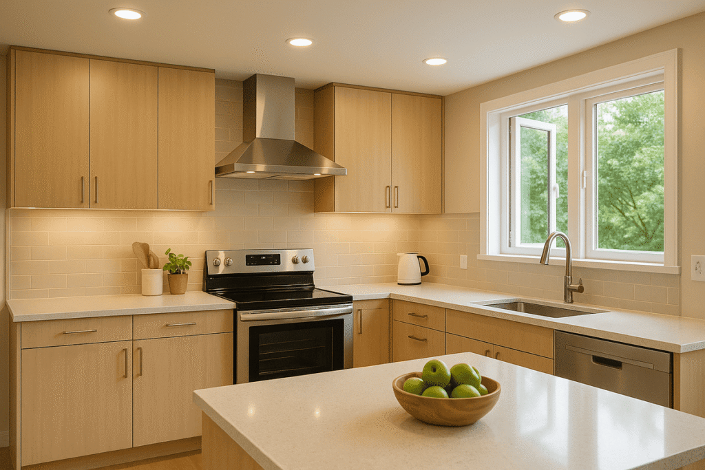 Cozinha com lâmpadas LED e eletrodomésticos eficientes para economia de energia.