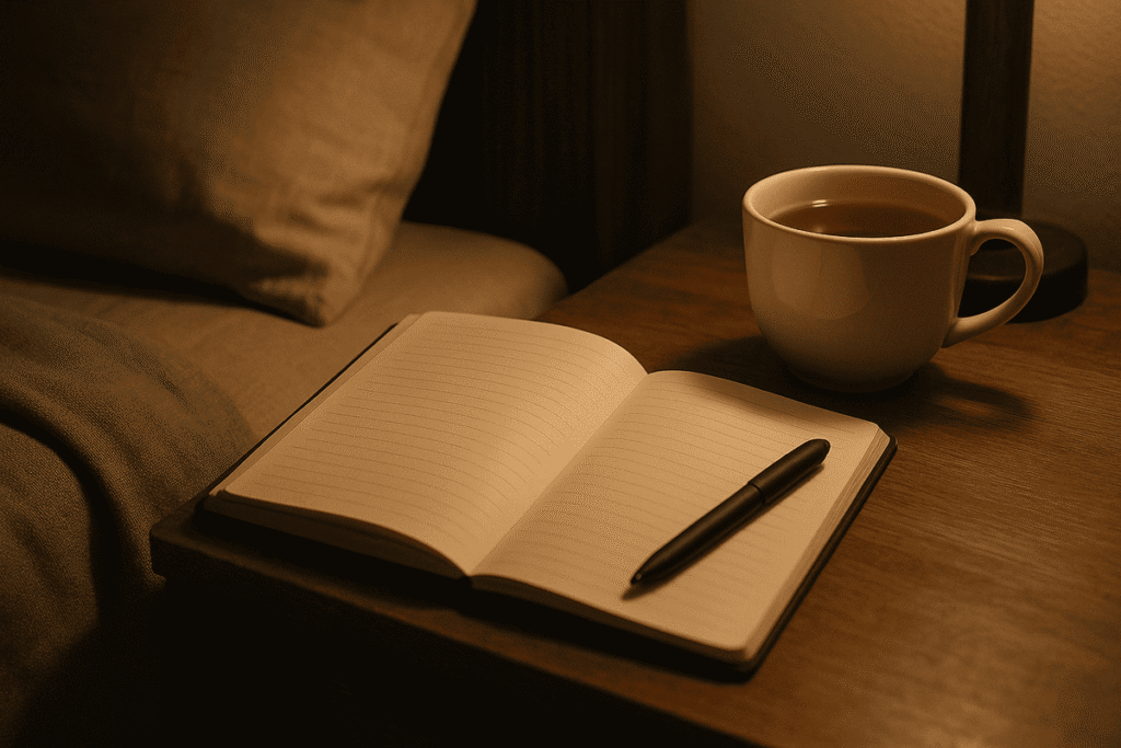 mesa de cabeceira com diário aberto, chá e ambiente noturno aconchegante.