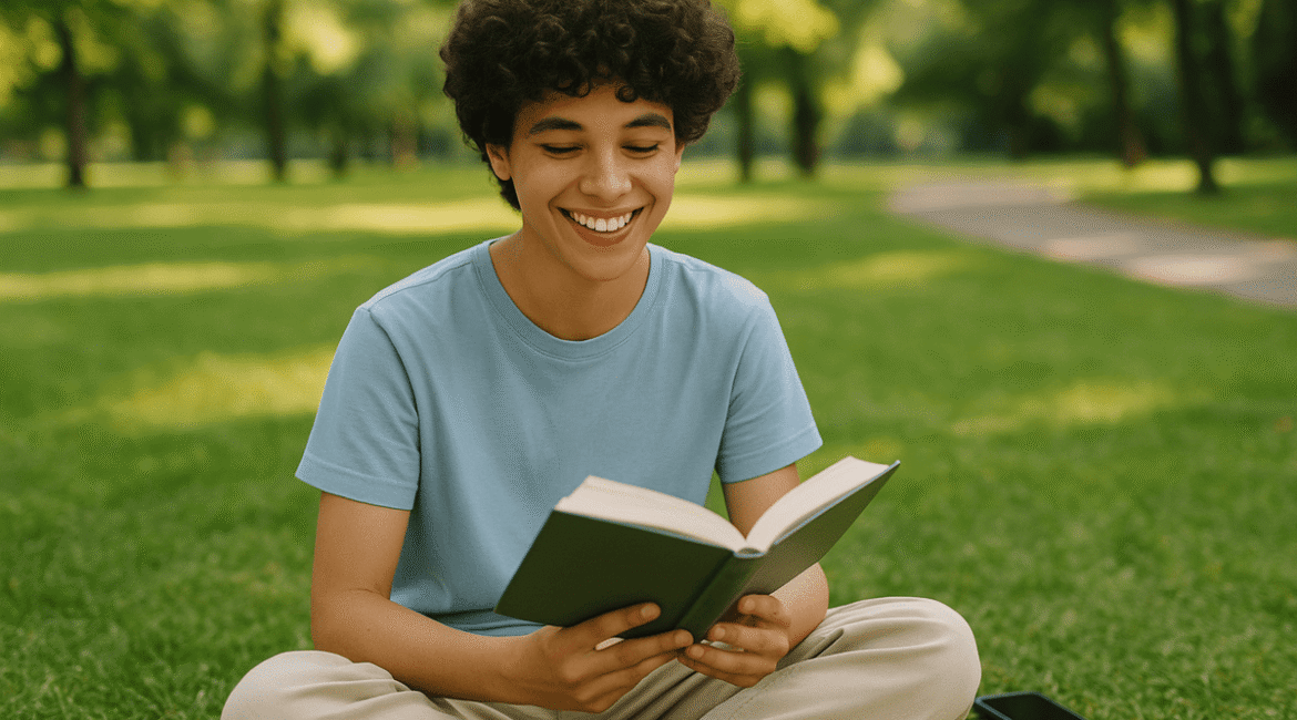 Pessoa em detox digital lendo em um parque