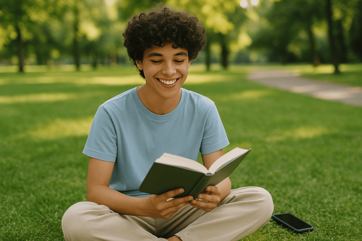 Pessoa em detox digital lendo em um parque