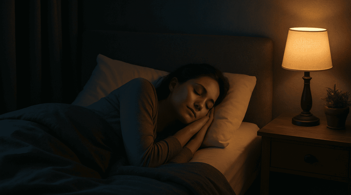 pessoa descansando em quarto acolhedor com iluminação suave