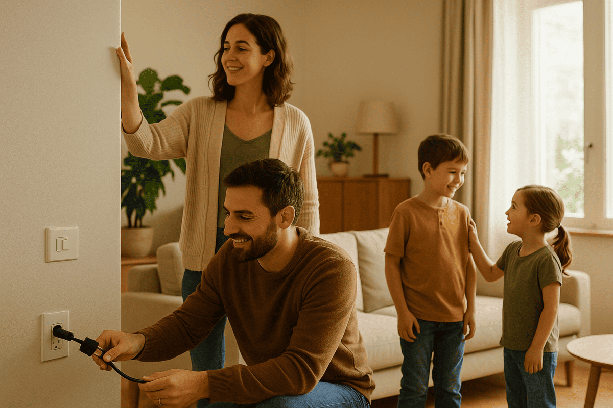 Família praticando economia de energia em casa com atitudes simples.