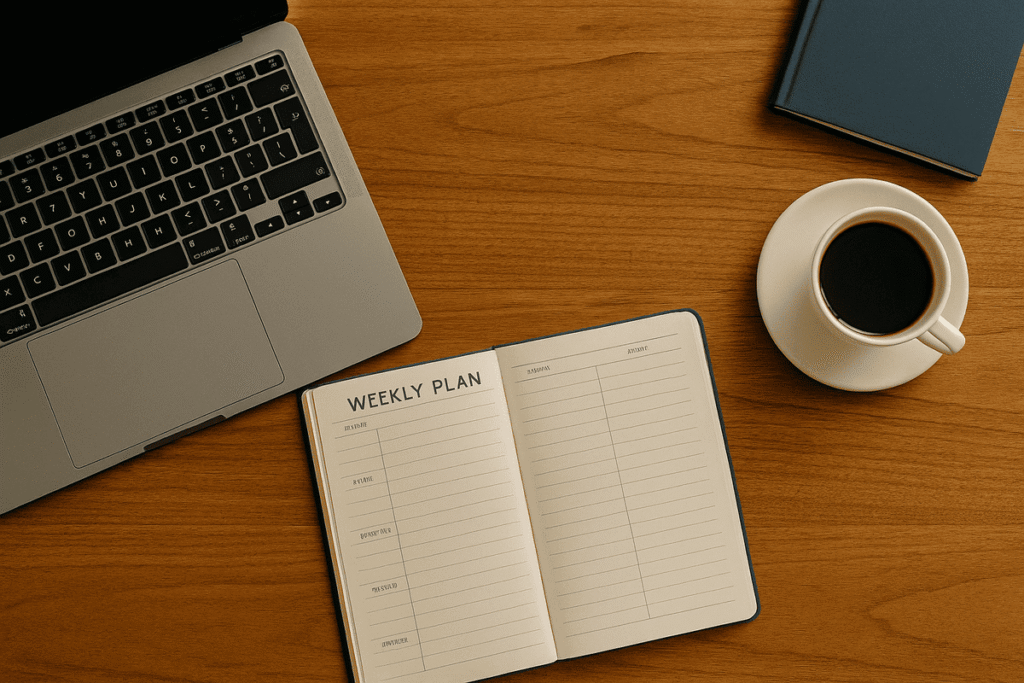 mesa organizada com planner e café