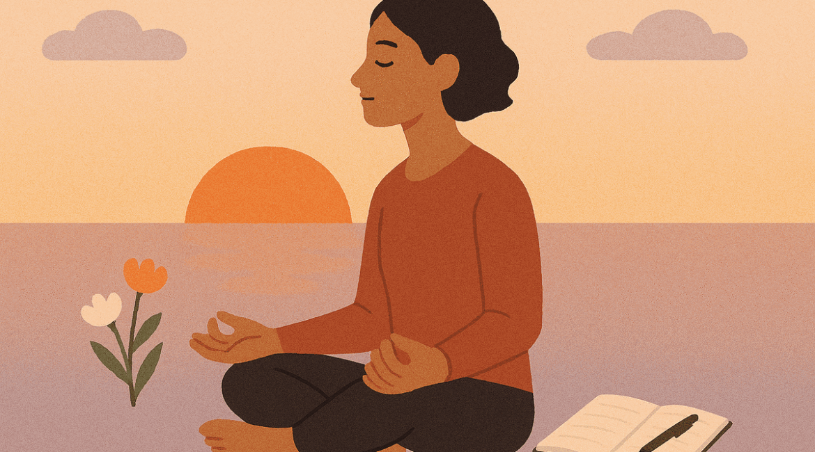 pessoa meditando ao pôr do sol com elementos de gratidão e diário.