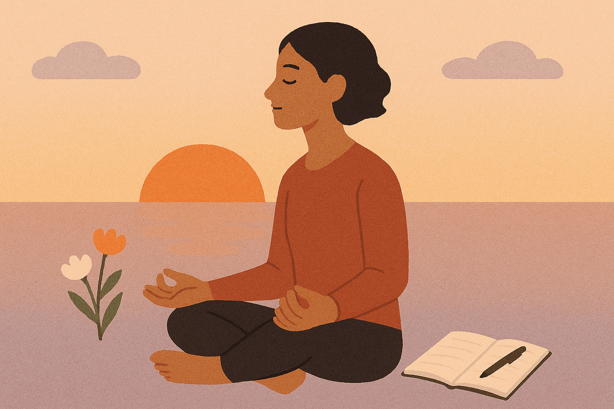 pessoa meditando ao pôr do sol com elementos de gratidão e diário.