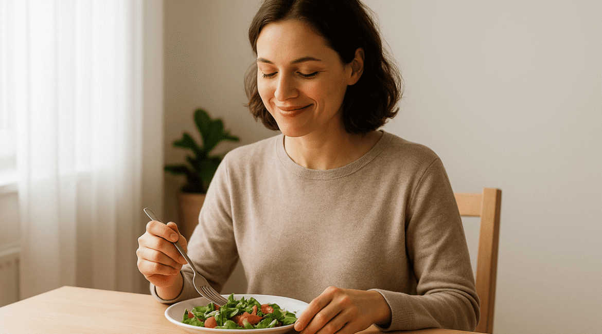 Pessoa praticando mindful eating ao comer com calma