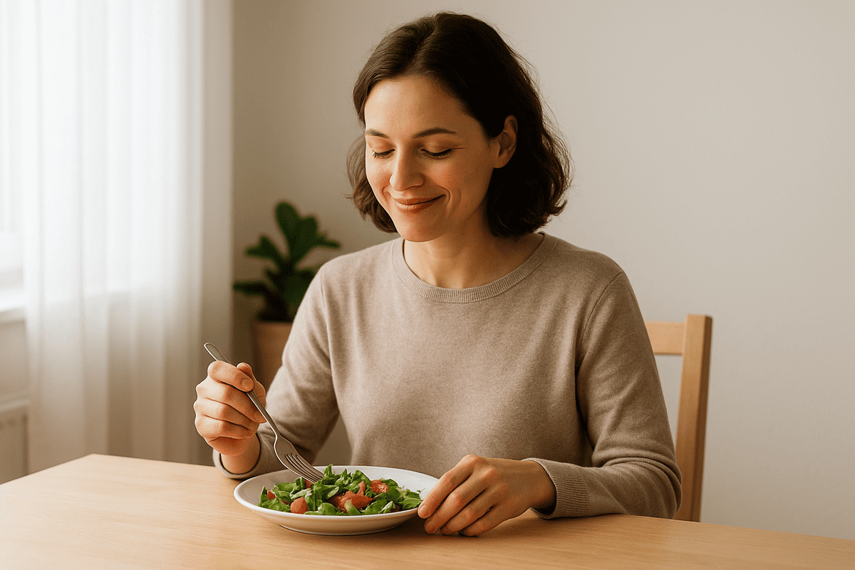 Pessoa praticando mindful eating ao comer com calma