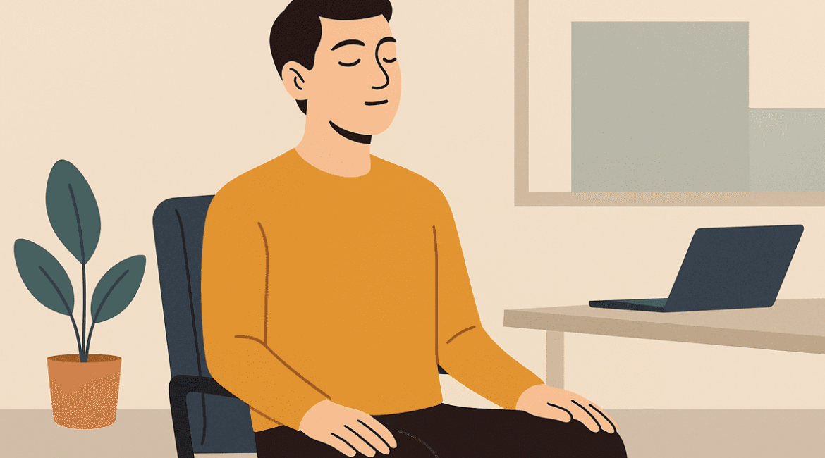 Pessoa praticando mindfulness no trabalho em postura relaxada.