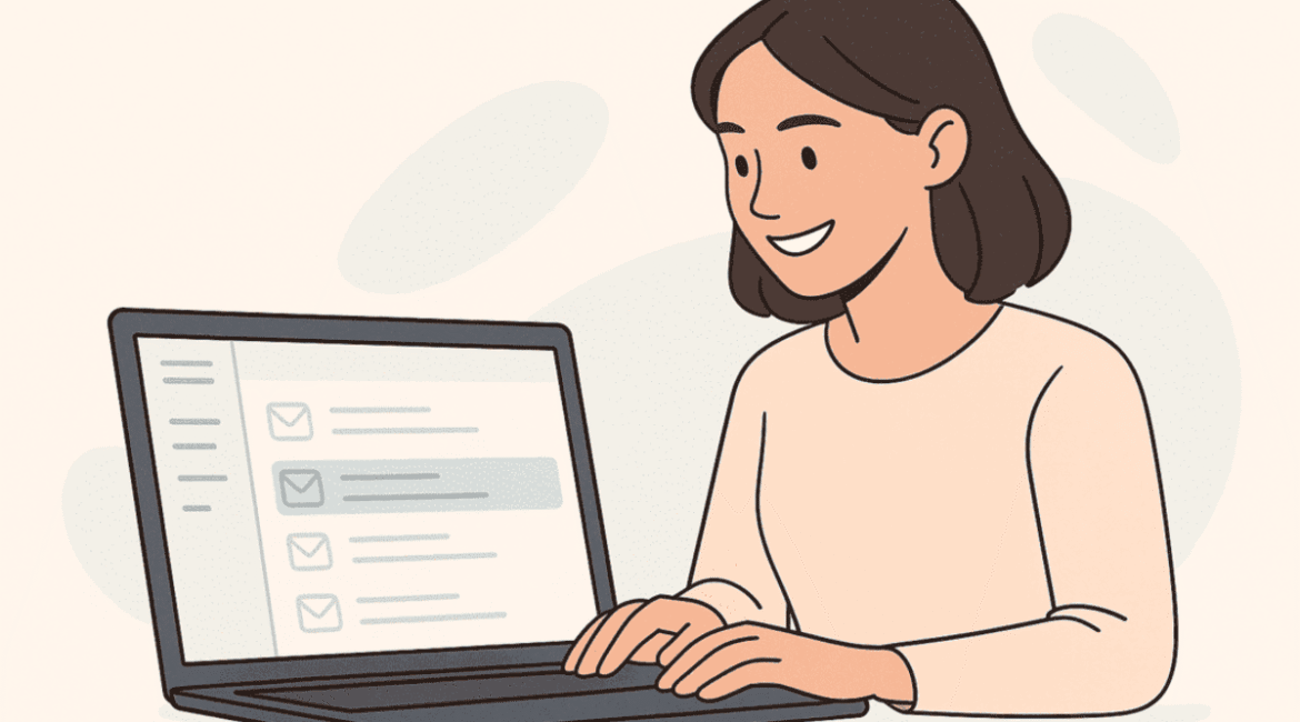 Pessoa organizando e-mails em interface digital minimalista.