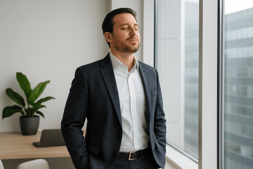 Profissional fazendo pausa consciente próximo à janela no trabalho.