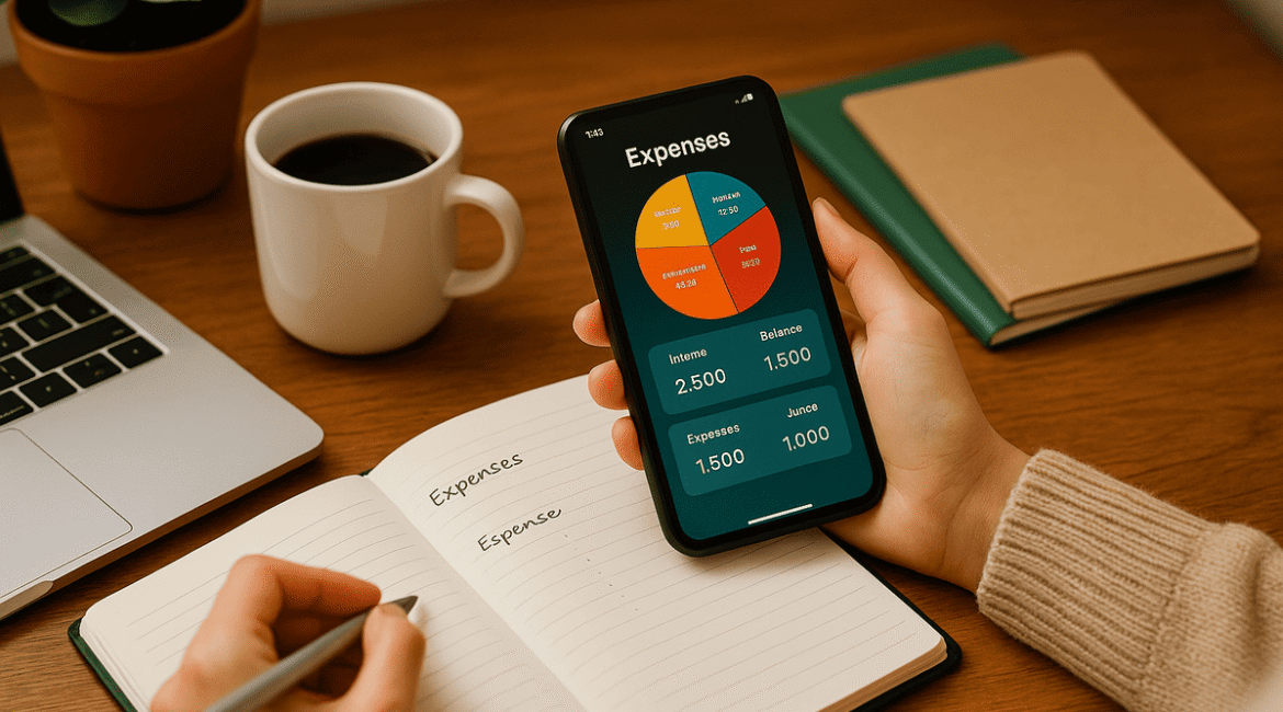 Pessoa registrando gastos em celular e caderno, mostrando organização financeira.