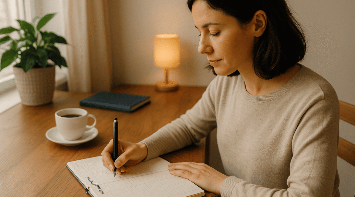 pessoa fazendo revisão semanal em caderno