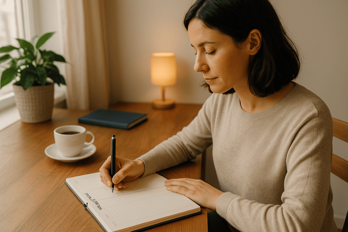pessoa fazendo revisão semanal em caderno