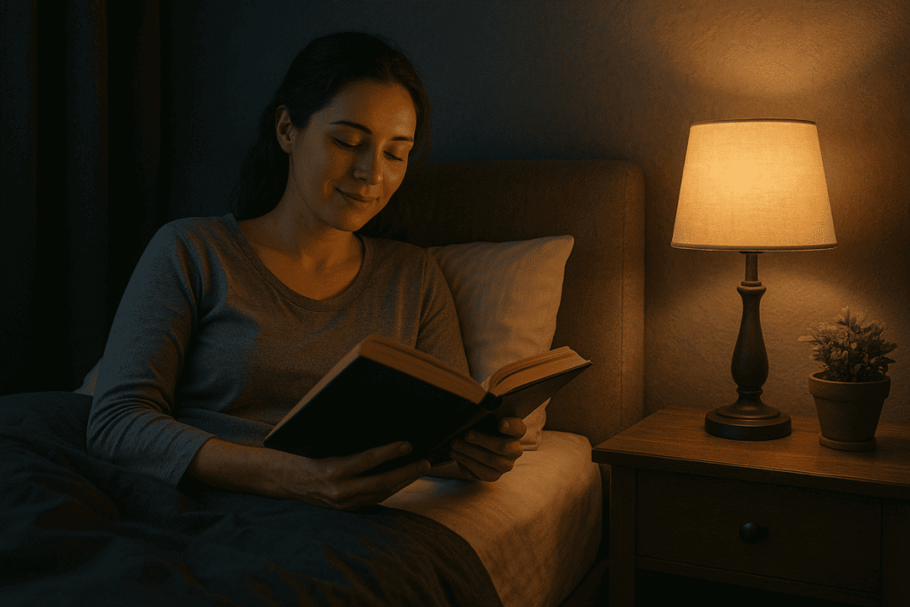 pessoa lendo em quarto iluminado suavemente antes de dormir