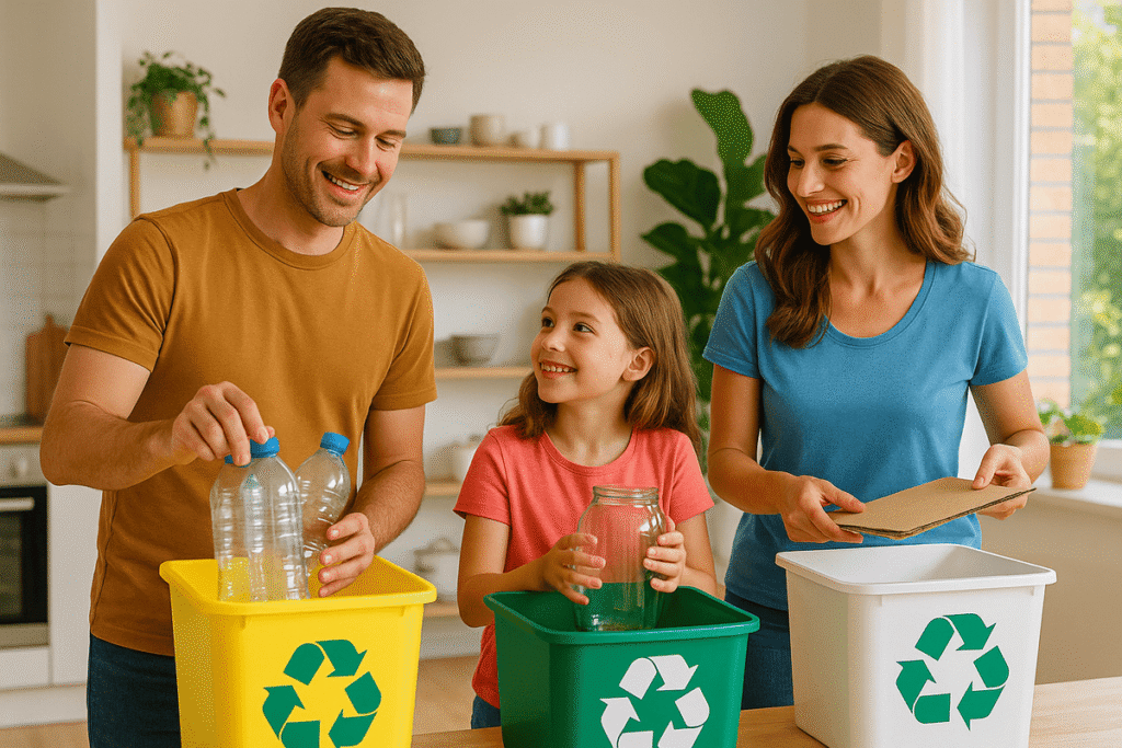 Família separando lixo reciclável em casa.