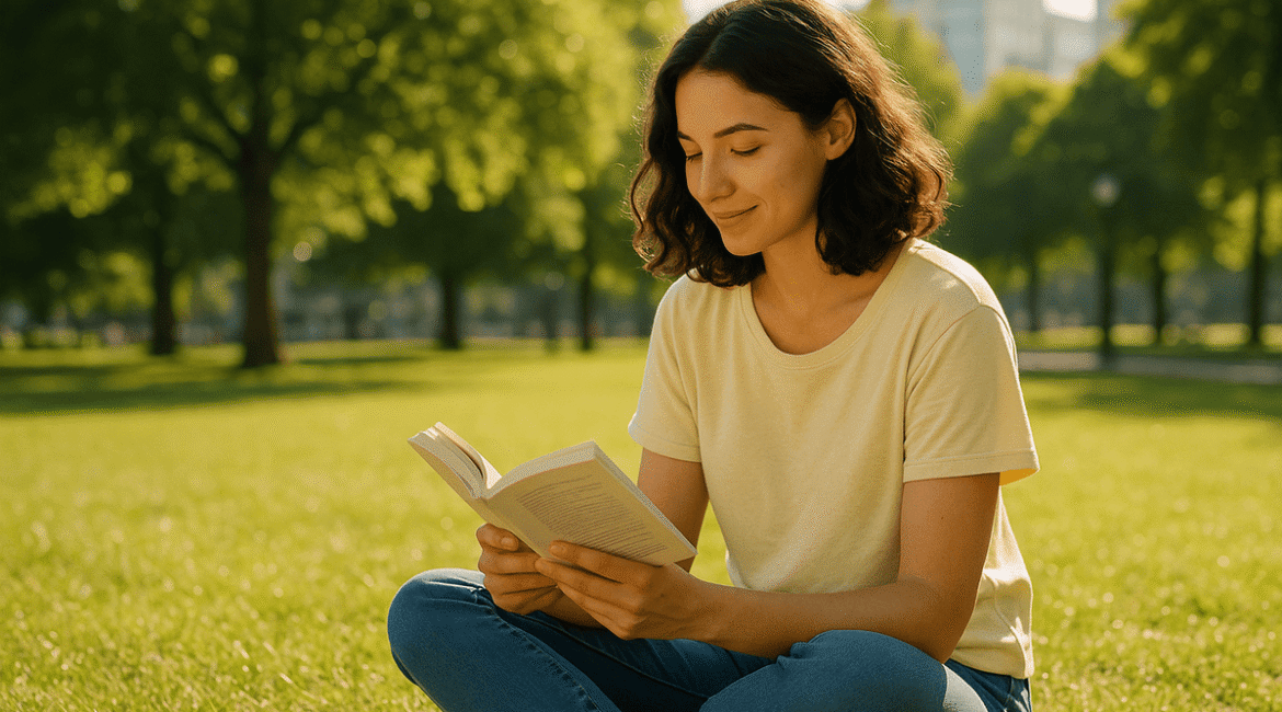 Pessoa relaxando em parque urbano lendo um livro ao sol