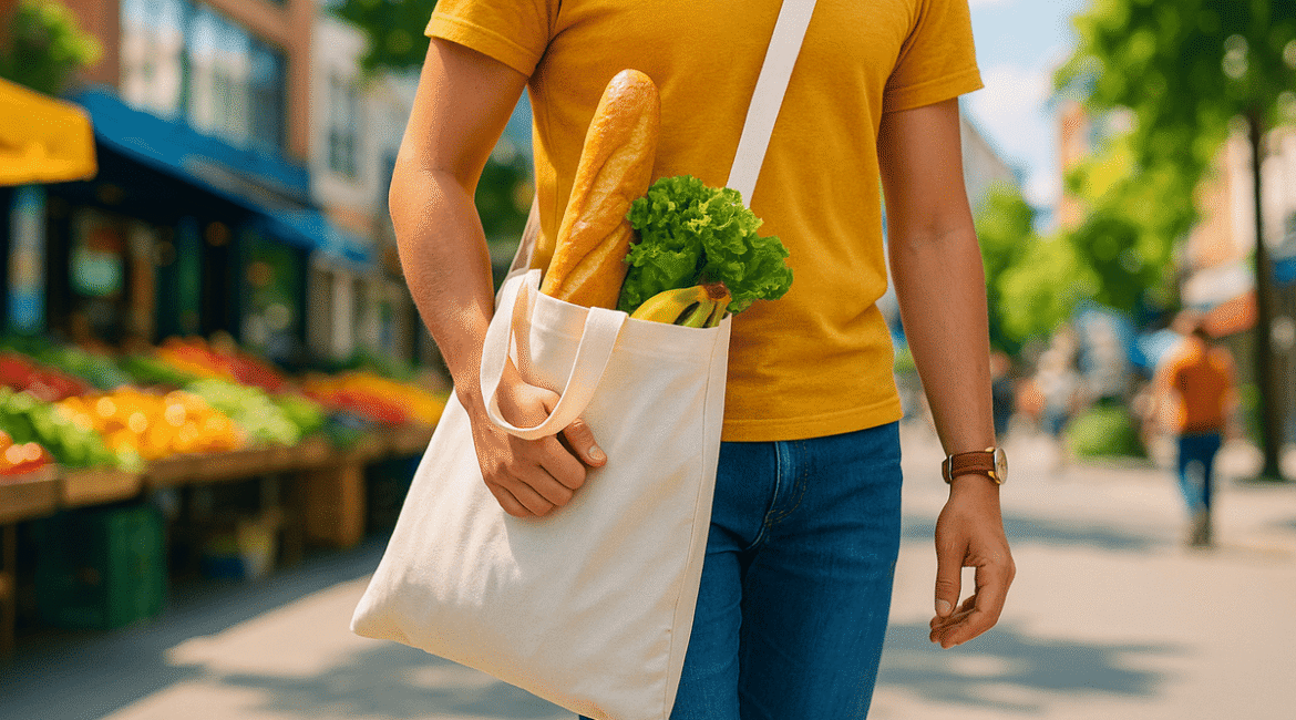 Pessoa com sacola reutilizável em mercado sustentável.